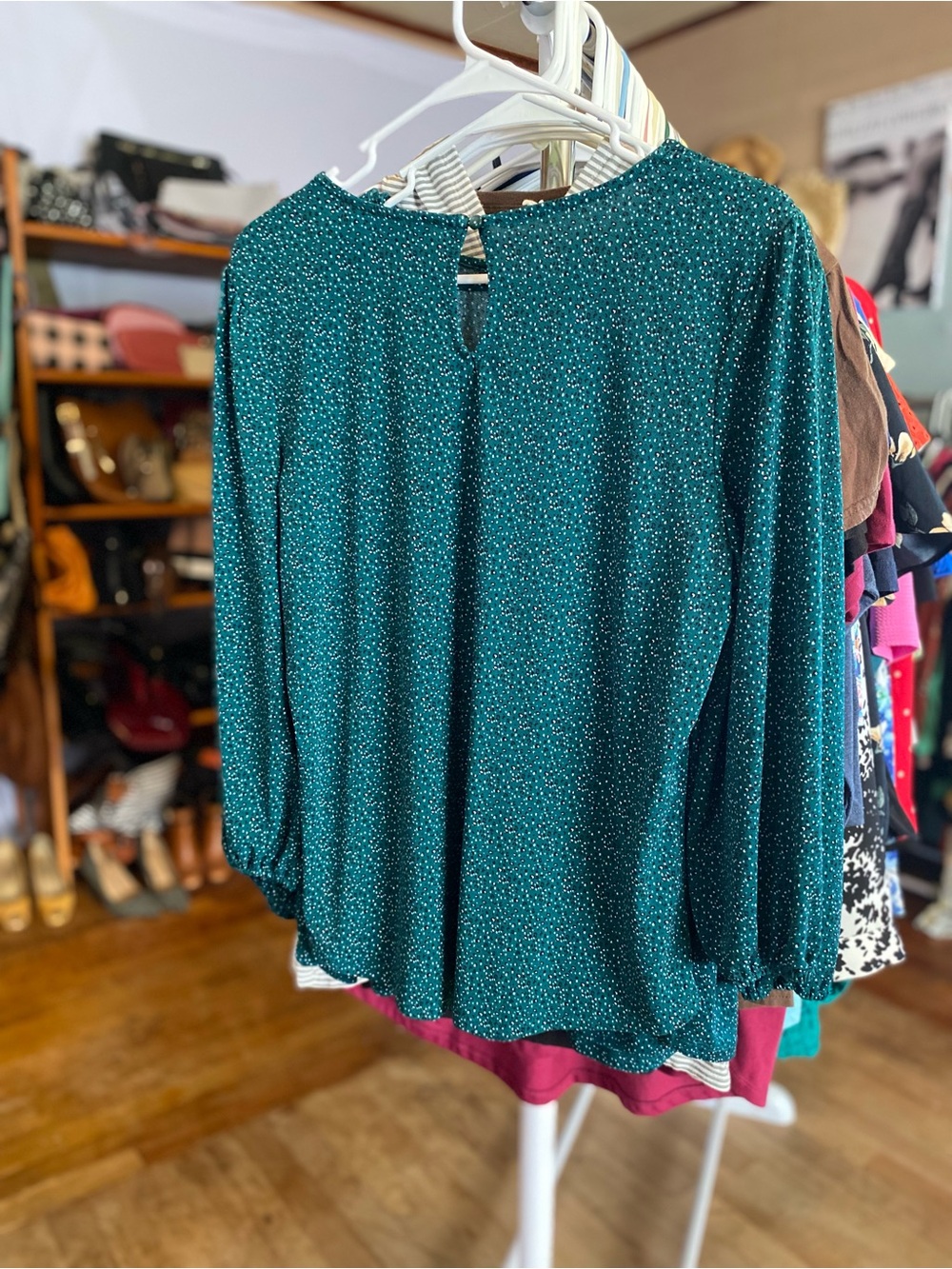 Adrianna Papell Teal Sparkle Long-Sleeve Blouse - Picture 9 of 9